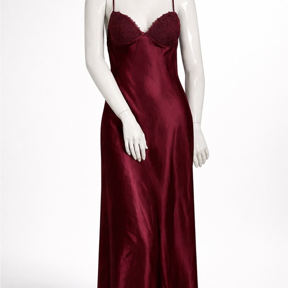 Vintage Burgundy Satin Lace Trim Maxi Slip Dress • Romantic Evening 44/ L - Picture 2 of 9